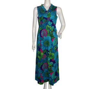 MADE IN HAWAII Maxi Dress, M, Blue/Bold Colors, Ruffle V-neck, Long, Sleeveless